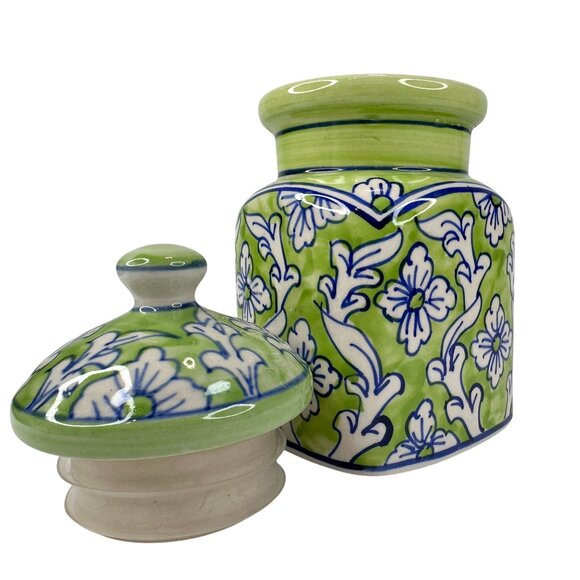 Ginger Spice Storage Jar w/ Lid Home Dreams India Hand Painted Green Blue 6.5 in